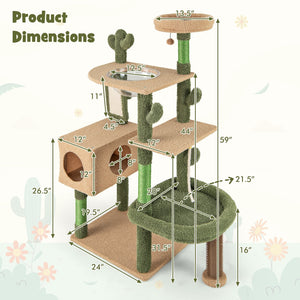 59 Inch Multilevel Cactus Cat Tree with Scratching Posts Cando Toy and Rope-Green view 5