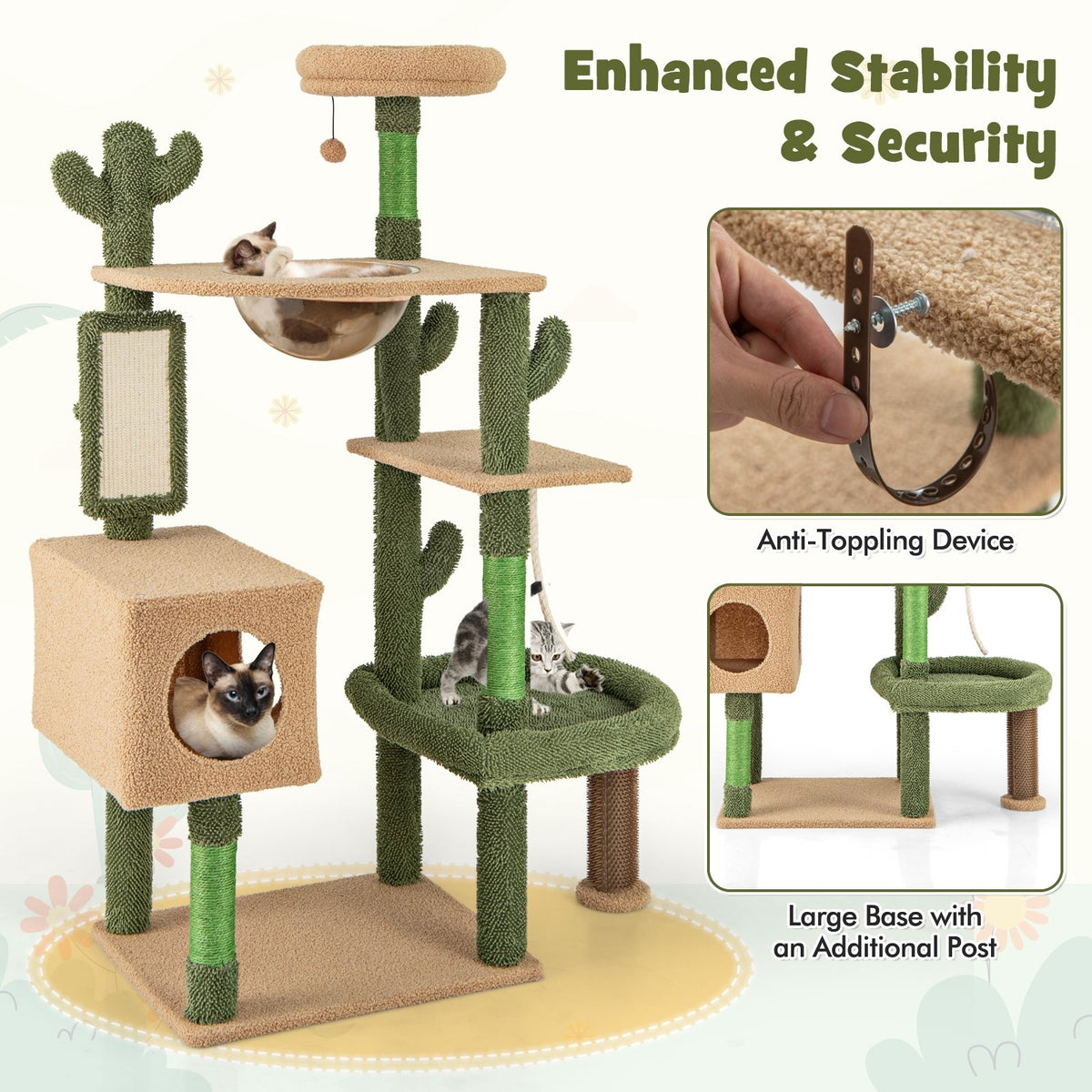 59 Inch Multilevel Cactus Cat Tree with Scratching Posts Cando Toy and Rope-Green view 9