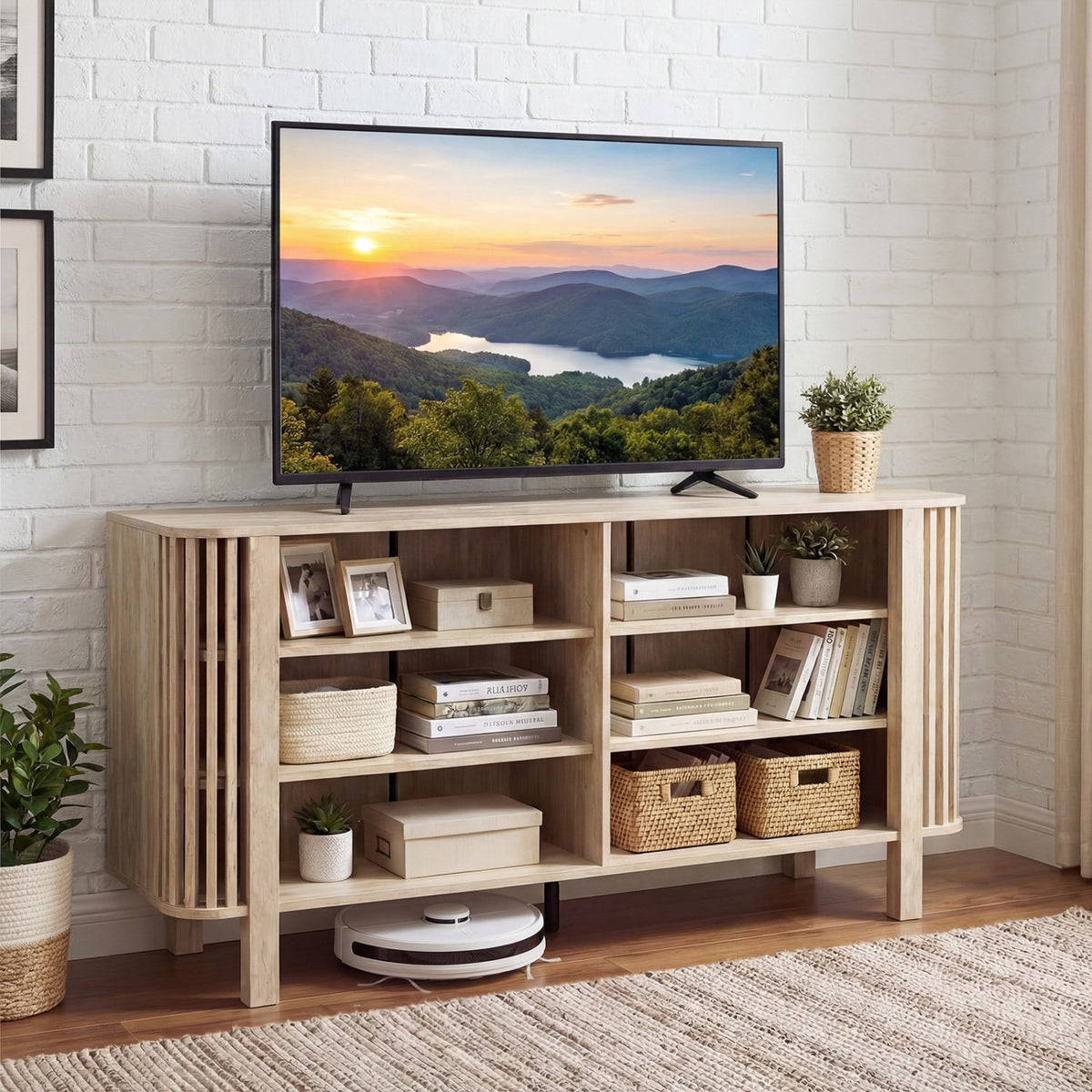 59 Inch TV Stand for TVs Up to 55 Inches with Adjustable Shelves-Natural view 2