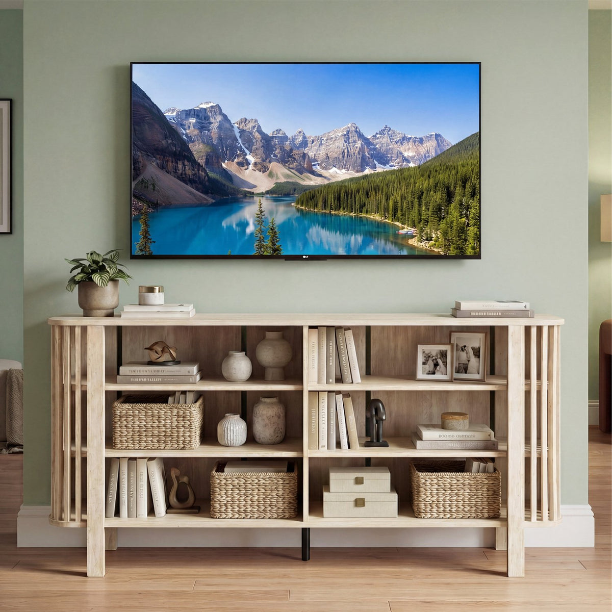 59 Inch TV Stand for TVs Up to 55 Inches with Adjustable Shelves-Natural view 6