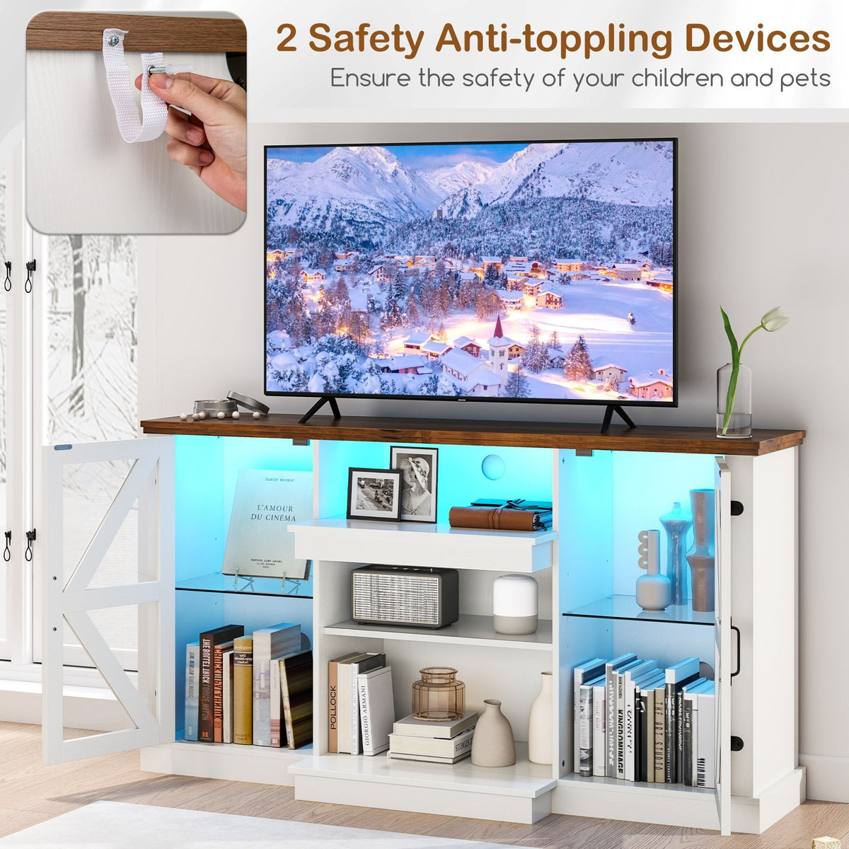 59 Inches Media Console Table with 3-Level Shelves and 22 Dynamic Modes-White view 6