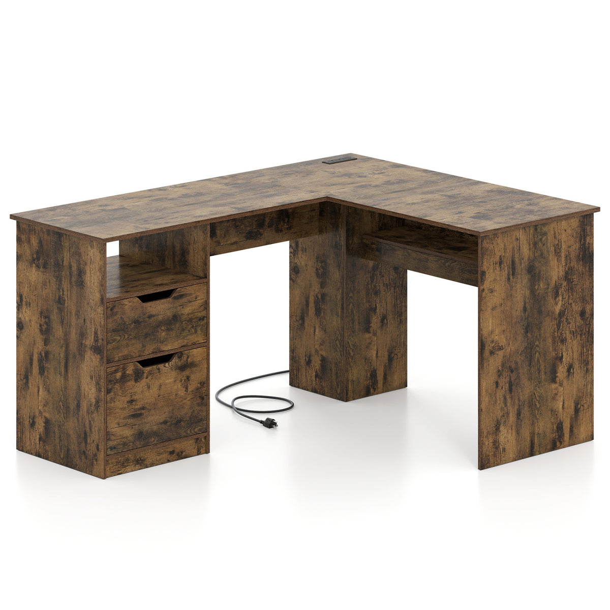 59 inches L-Shaped Executive Desk with Power Outlets Drawers and Bookshelf for Working Gaming Writing-Rustic