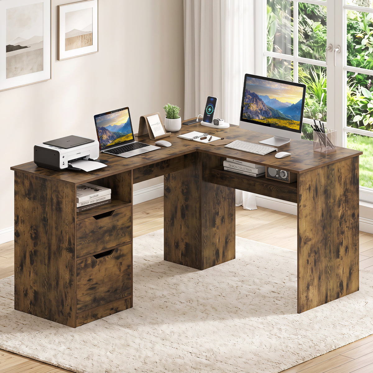 59 inches L-Shaped Executive Desk with Power Outlets Drawers and Bookshelf for Working Gaming Writing-Rustic view 2