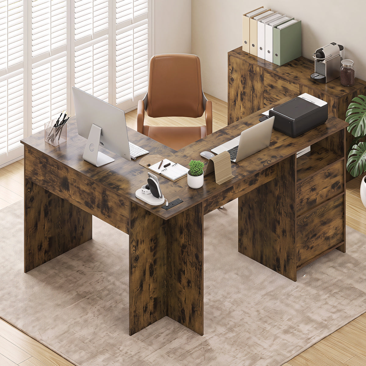 59 inches L-Shaped Executive Desk with Power Outlets Drawers and Bookshelf for Working Gaming Writing-Rustic view 3