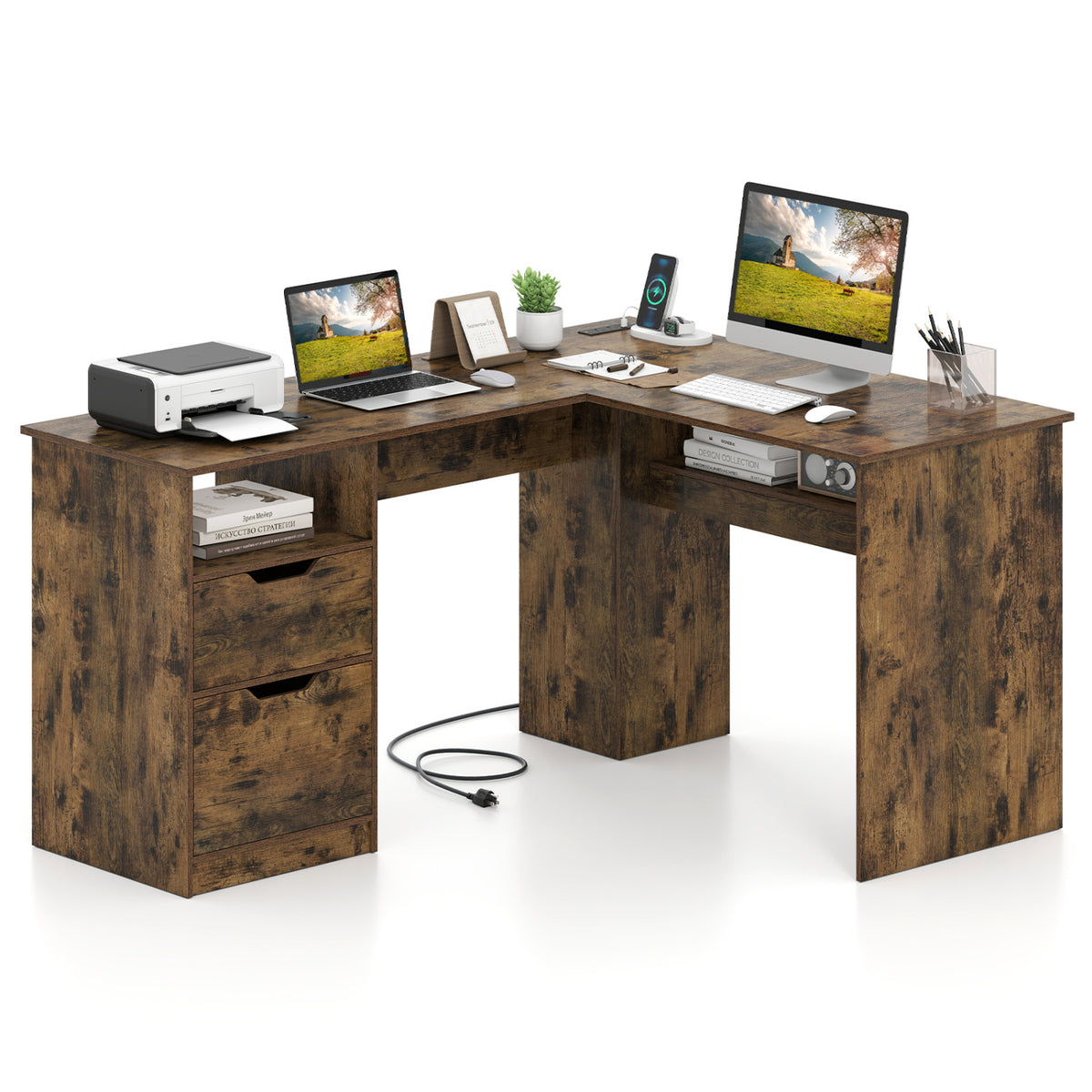59 inches L-Shaped Executive Desk with Power Outlets Drawers and Bookshelf for Working Gaming Writing-Rustic view 4