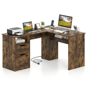 59 inches L-Shaped Executive Desk with Power Outlets Drawers and Bookshelf for Working Gaming Writing-Rustic view 4
