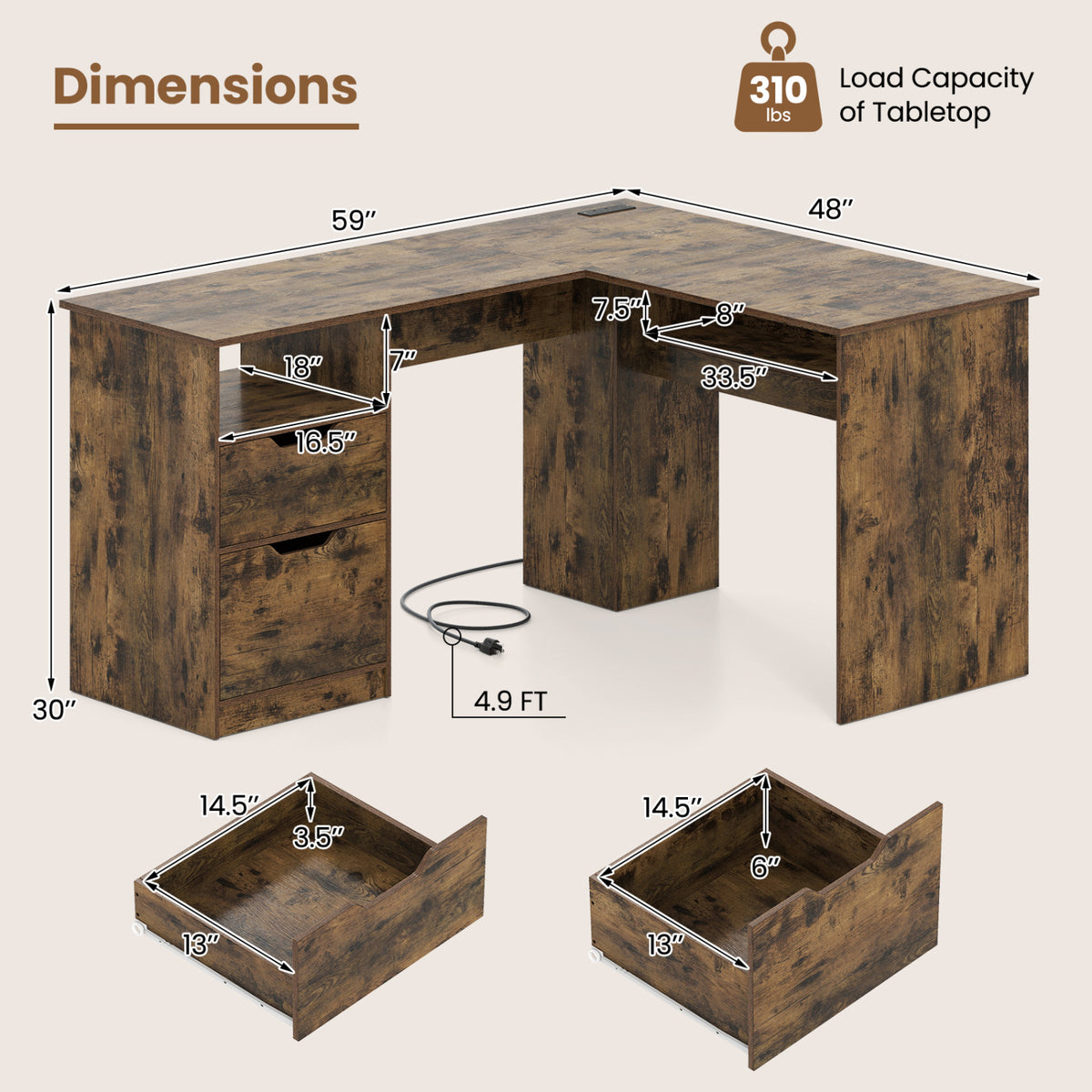 59 inches L-Shaped Executive Desk with Power Outlets Drawers and Bookshelf for Working Gaming Writing-Rustic view 5