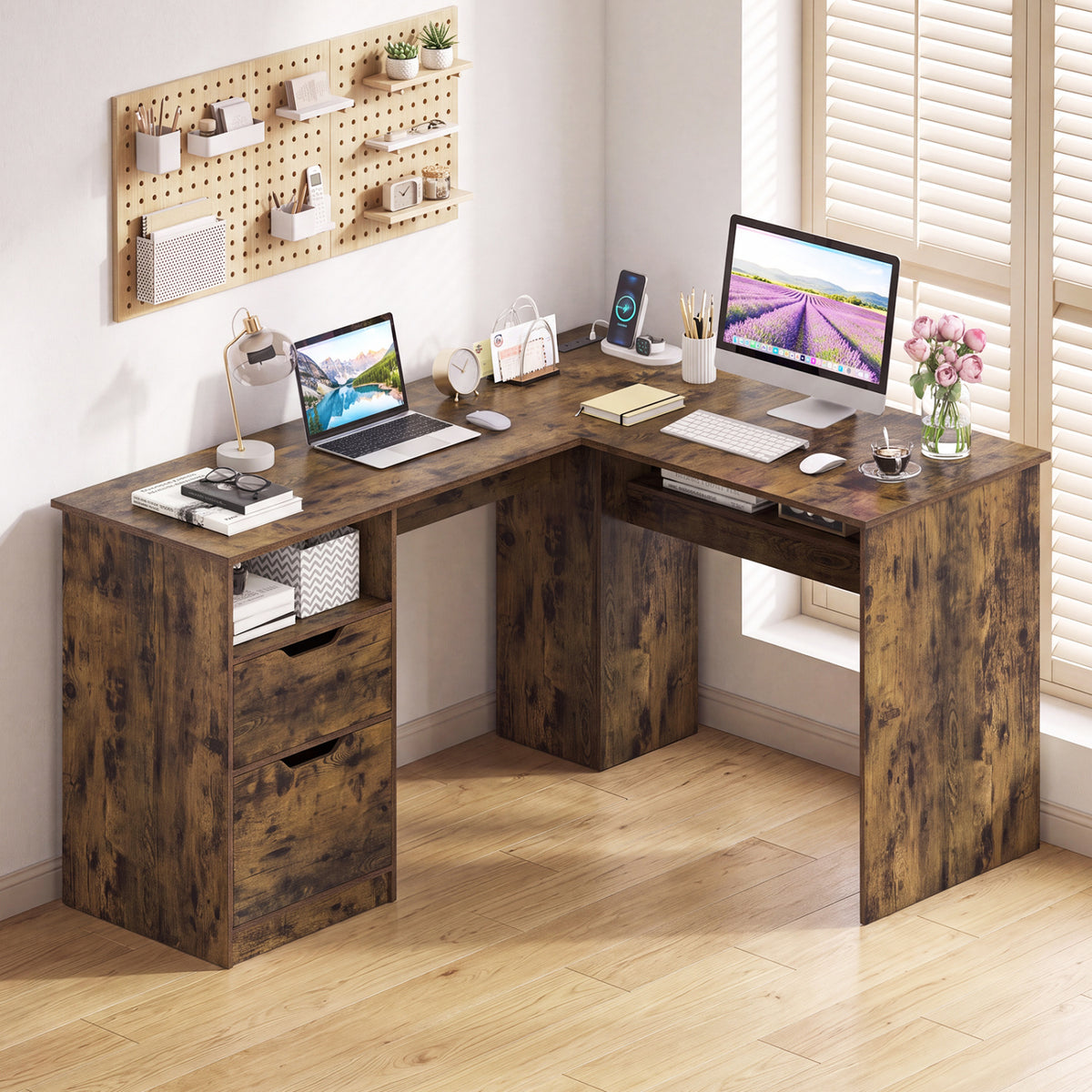 59 inches L-Shaped Executive Desk with Power Outlets Drawers and Bookshelf for Working Gaming Writing-Rustic view 6
