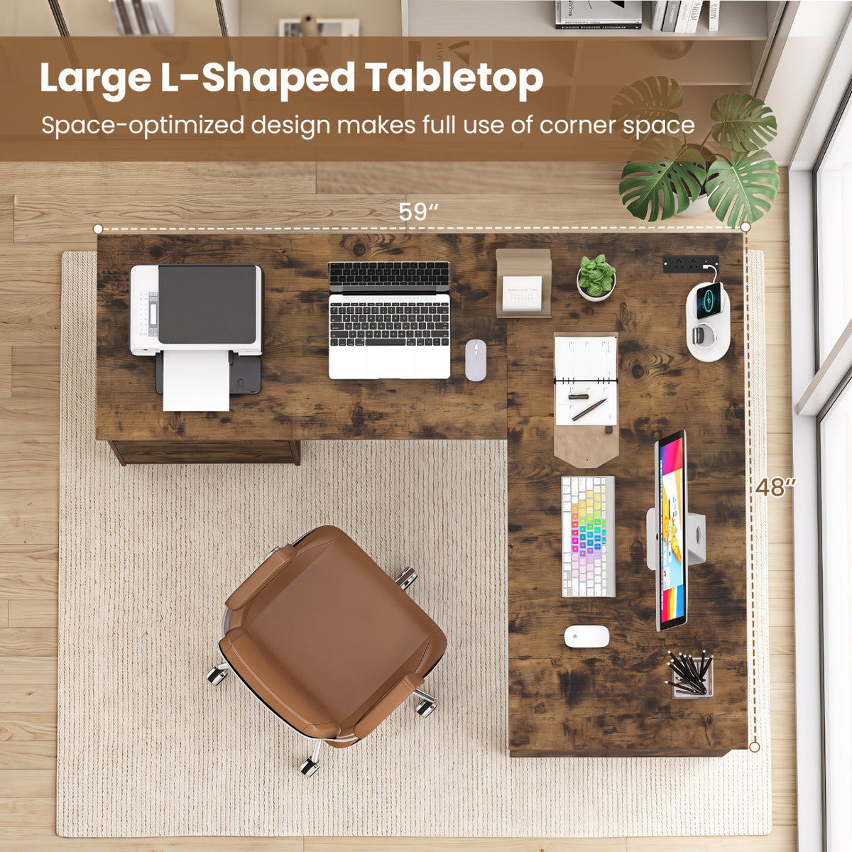 59 inches L-Shaped Executive Desk with Power Outlets Drawers and Bookshelf for Working Gaming Writing-Rustic view 7