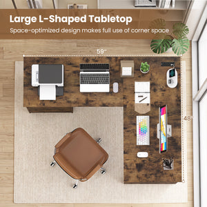 59 inches L-Shaped Executive Desk with Power Outlets Drawers and Bookshelf for Working Gaming Writing-Rustic view 7