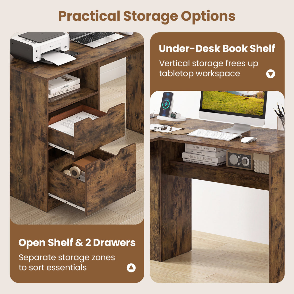 59 inches L-Shaped Executive Desk with Power Outlets Drawers and Bookshelf for Working Gaming Writing-Rustic view 8