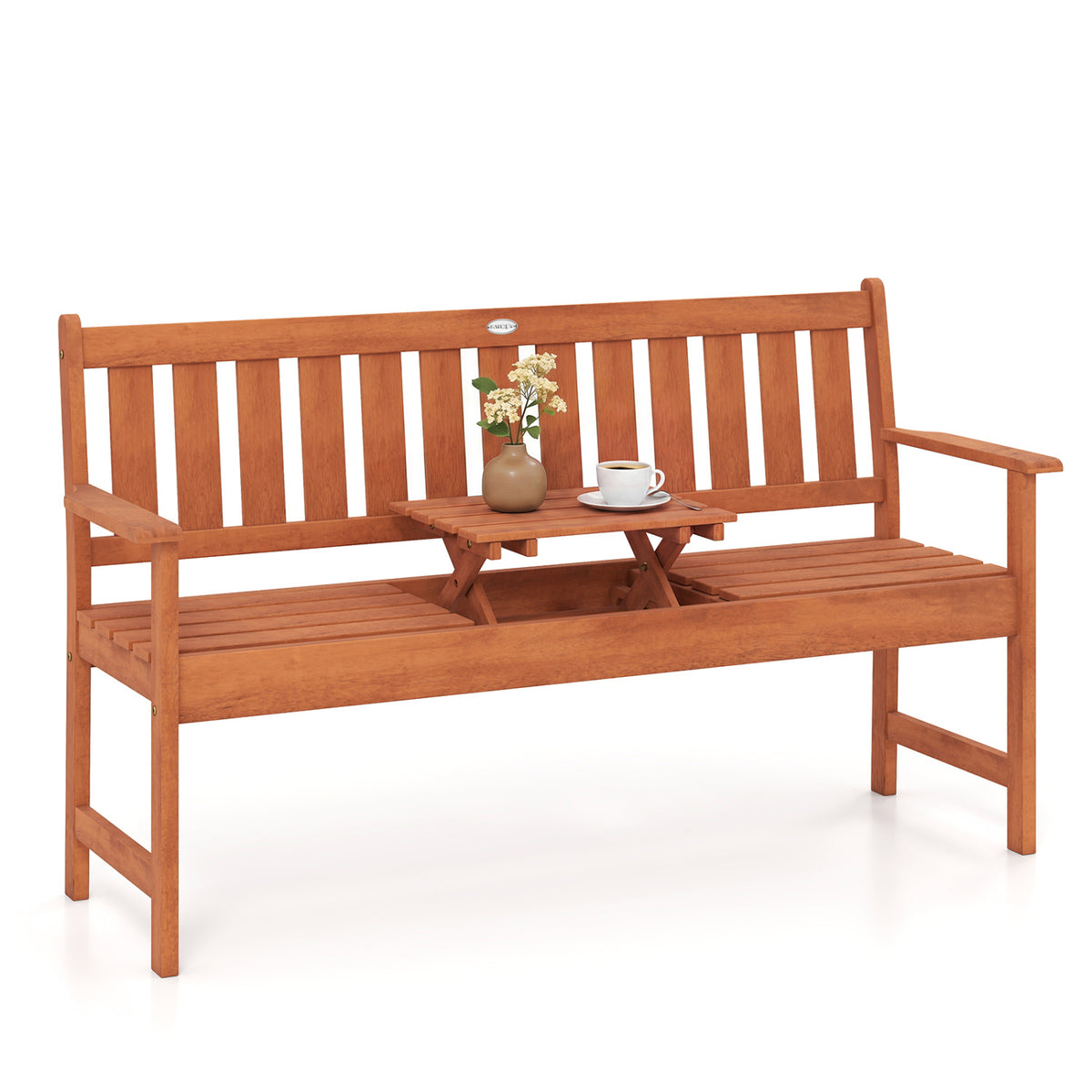 59 inches Outdoor Wood Garden Bench with Pull-Out Center Table
