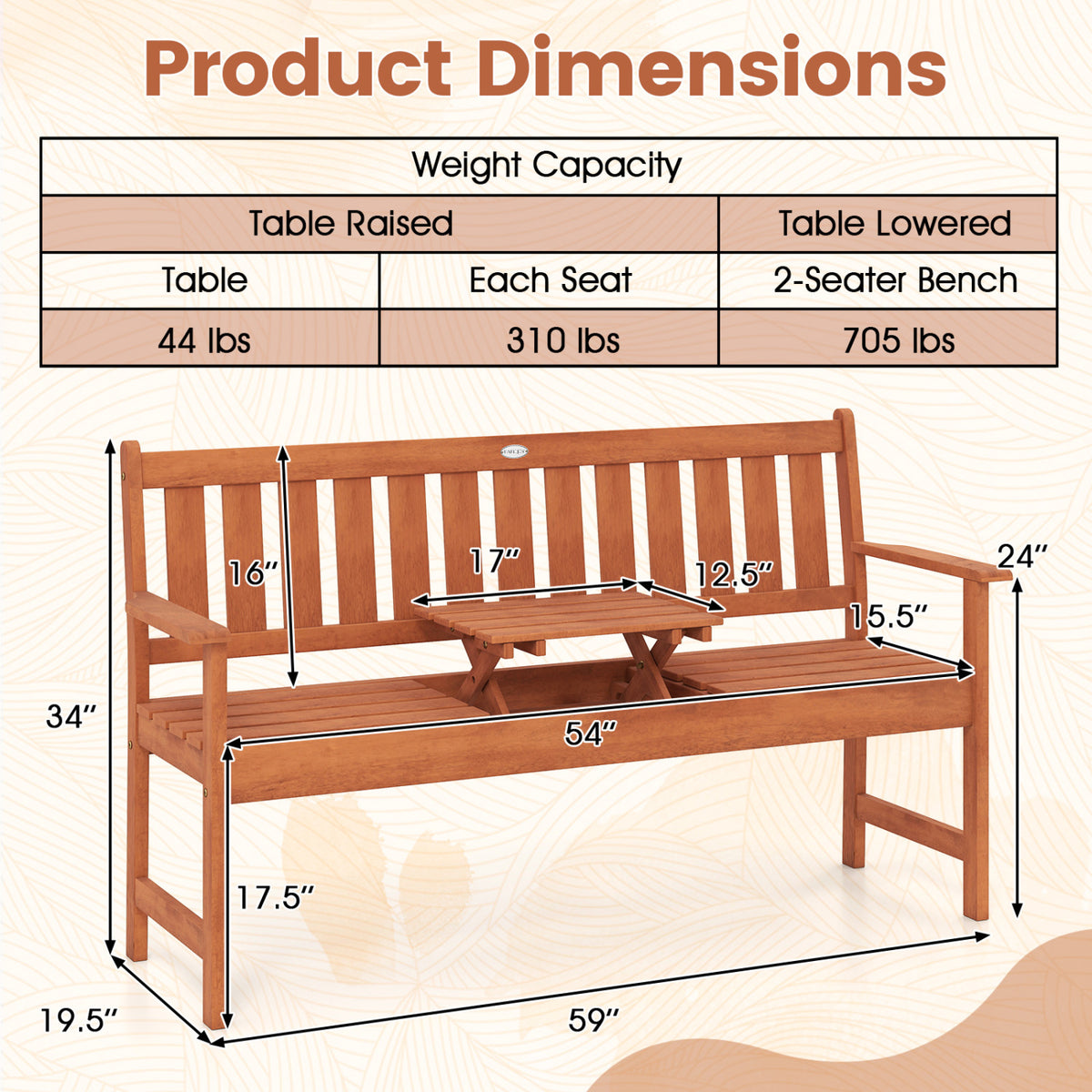 59 inches Outdoor Wood Garden Bench with Pull-Out Center Table view 5