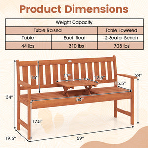 59 inches Outdoor Wood Garden Bench with Pull-Out Center Table view 5