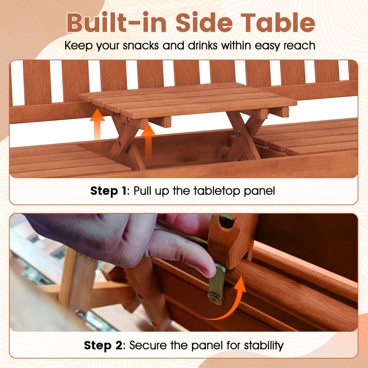 59 inches Outdoor Wood Garden Bench with Pull-Out Center Table view 7