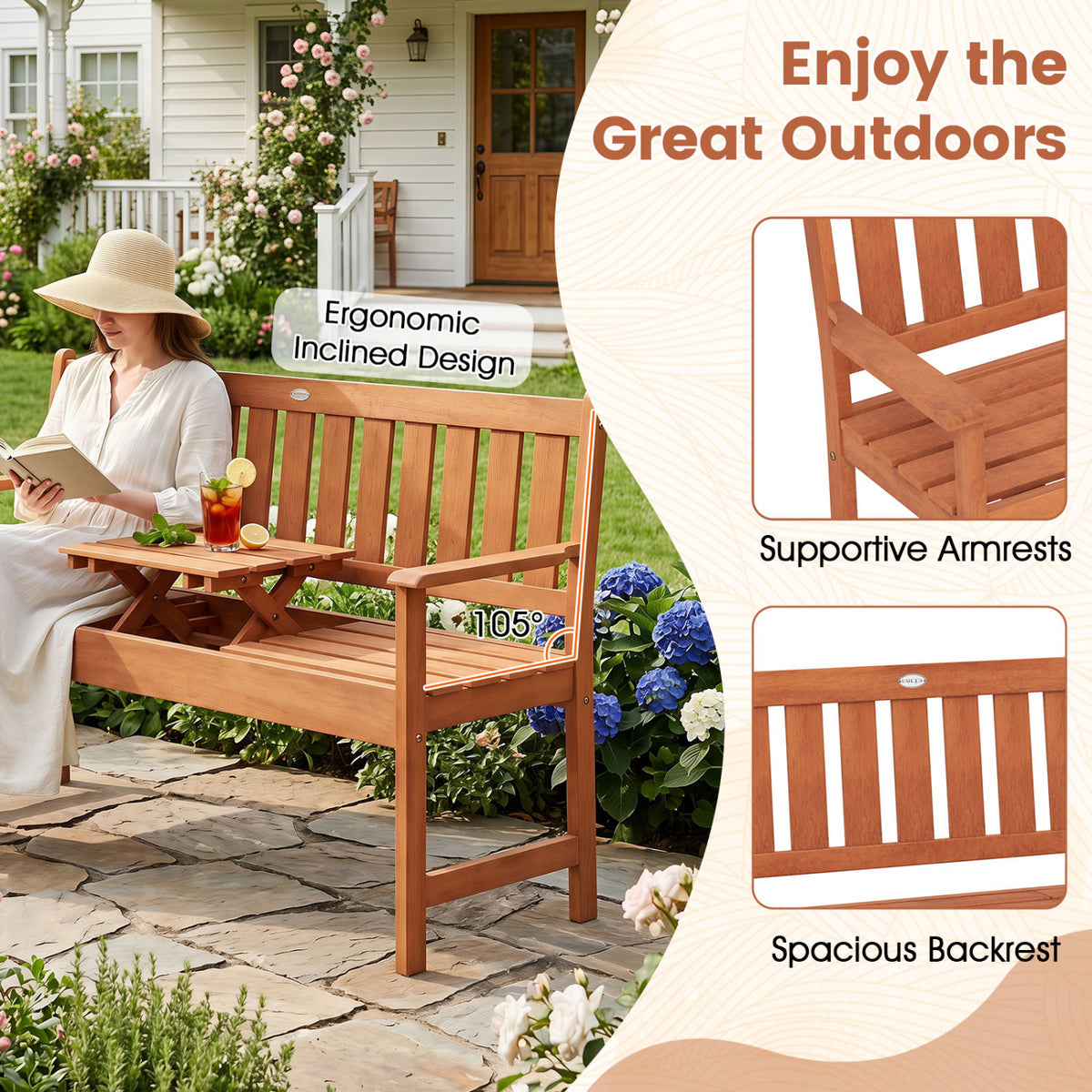 59 inches Outdoor Wood Garden Bench with Pull-Out Center Table view 9