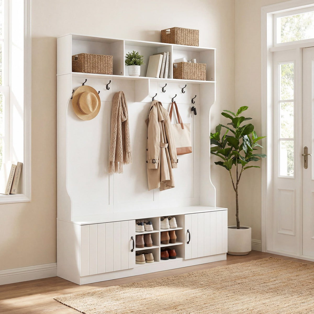 59 inches Wide 6-in-1 Hall Tree with Bench and Storage-White view 2