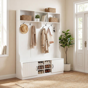 59 inches Wide 6-in-1 Hall Tree with Bench and Storage-White view 2