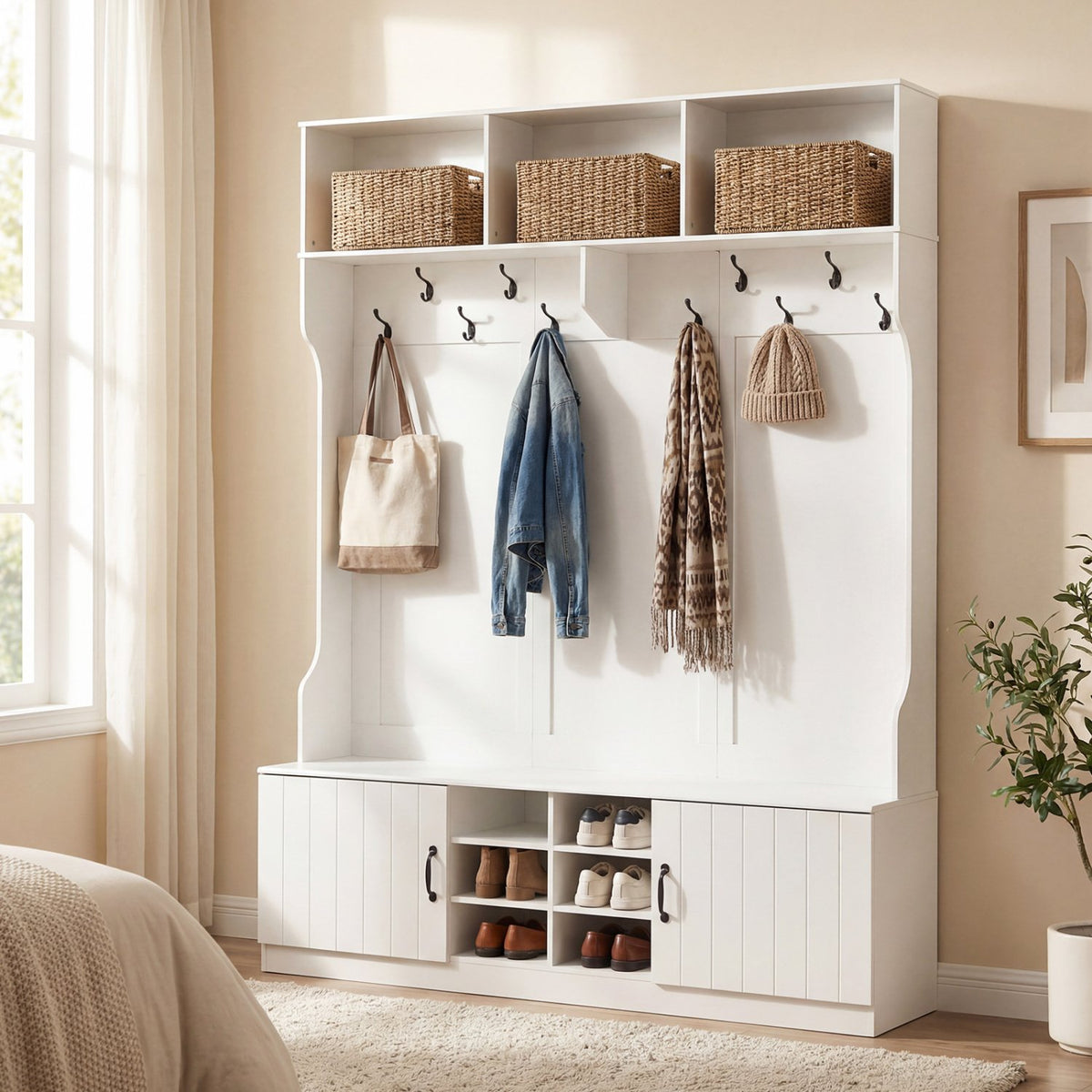 59 inches Wide 6-in-1 Hall Tree with Bench and Storage-White view 3