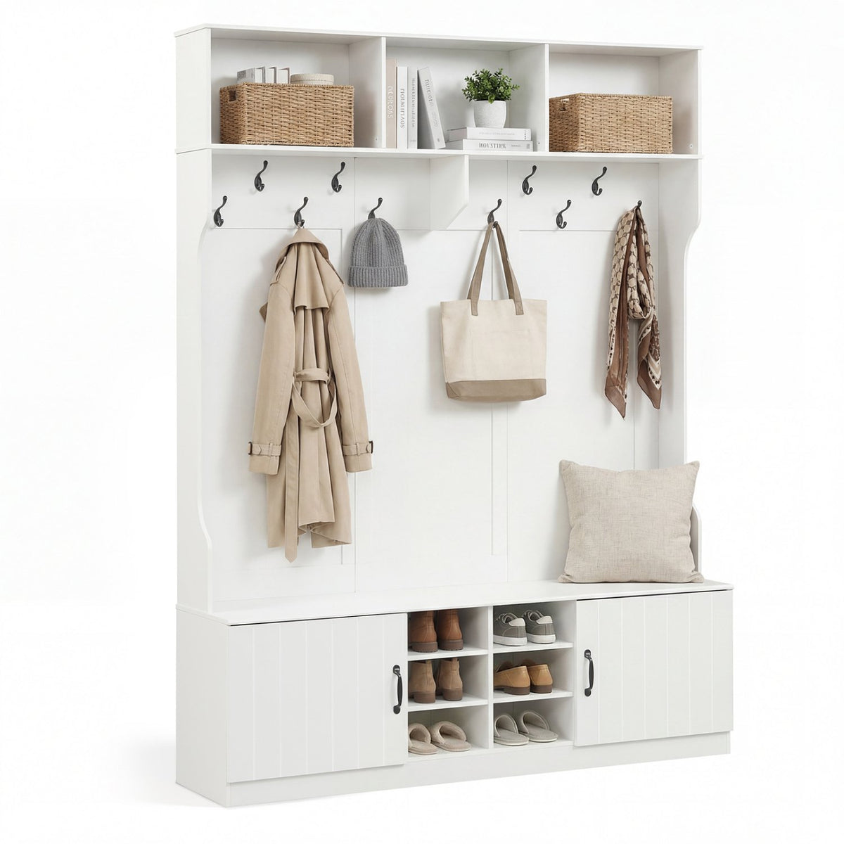 59 inches Wide 6-in-1 Hall Tree with Bench and Storage-White view 4