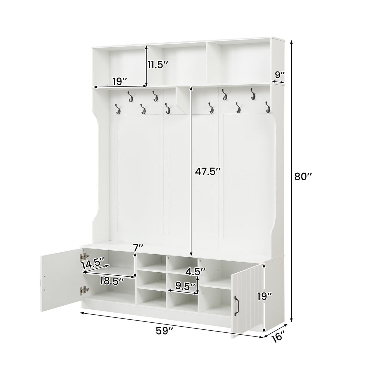 59 inches Wide 6-in-1 Hall Tree with Bench and Storage-White view 5