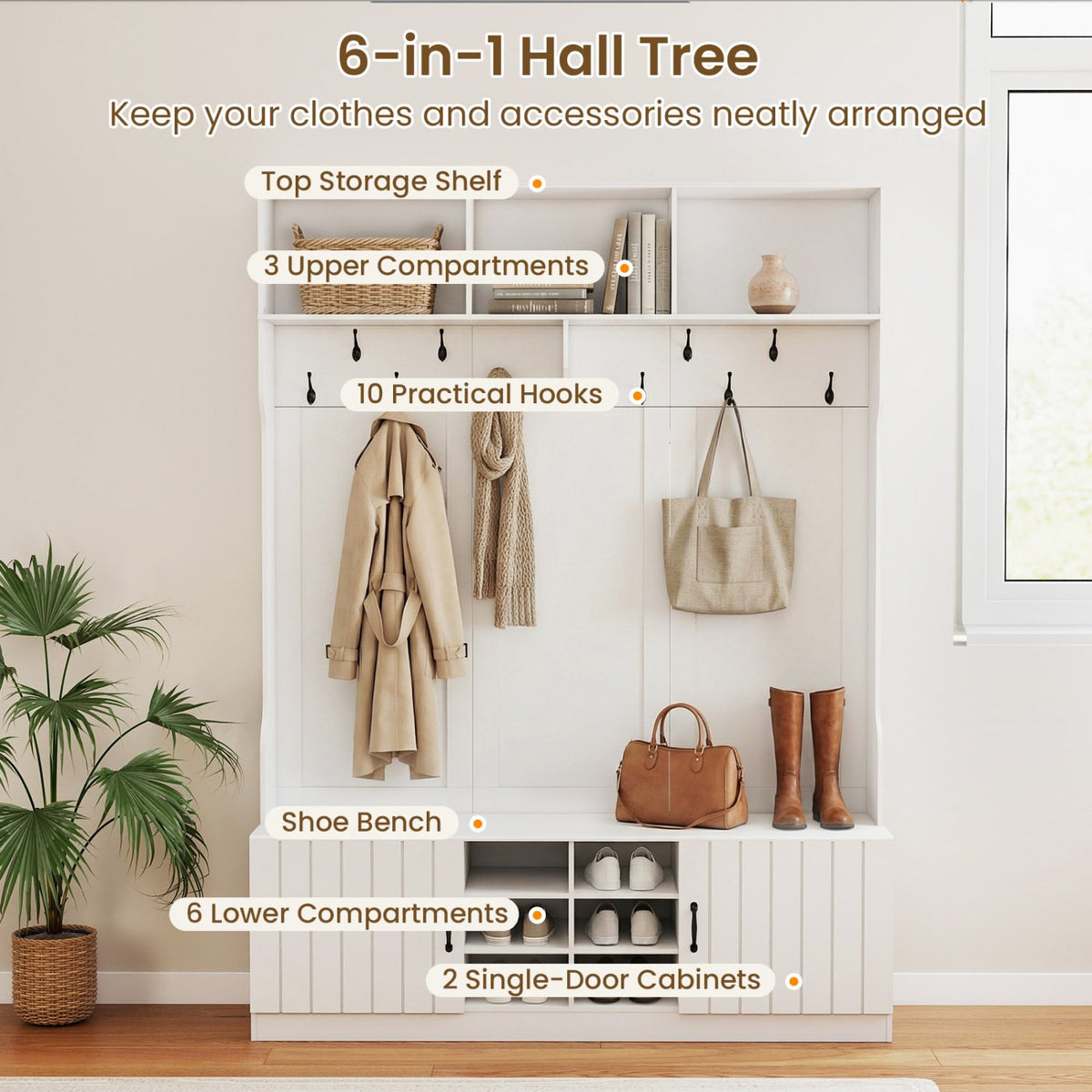59 inches Wide 6-in-1 Hall Tree with Bench and Storage-White view 6