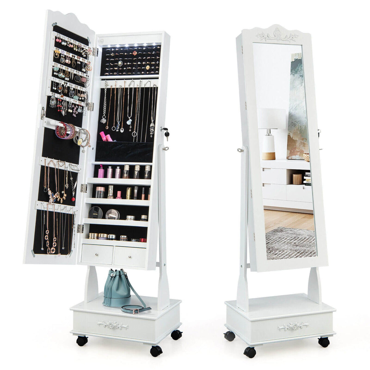 Rolling Floor Standing Mirrored Jewelry Armoire with Lock and Drawers-White view 4
