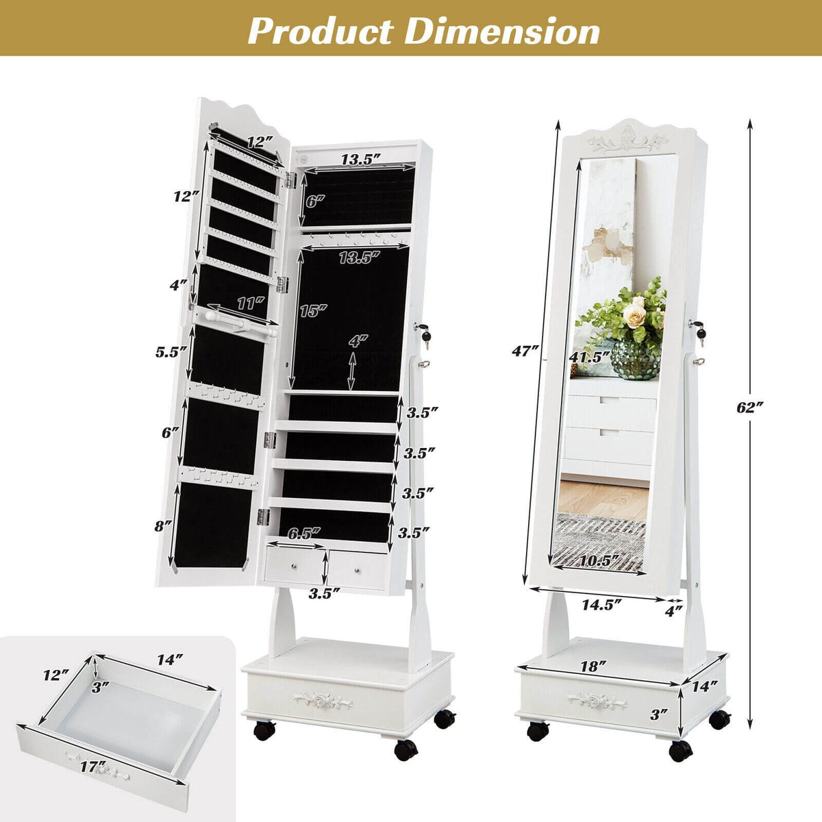 Rolling Floor Standing Mirrored Jewelry Armoire with Lock and Drawers-White view 5
