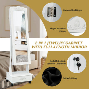 Rolling Floor Standing Mirrored Jewelry Armoire with Lock and Drawers-White view 6