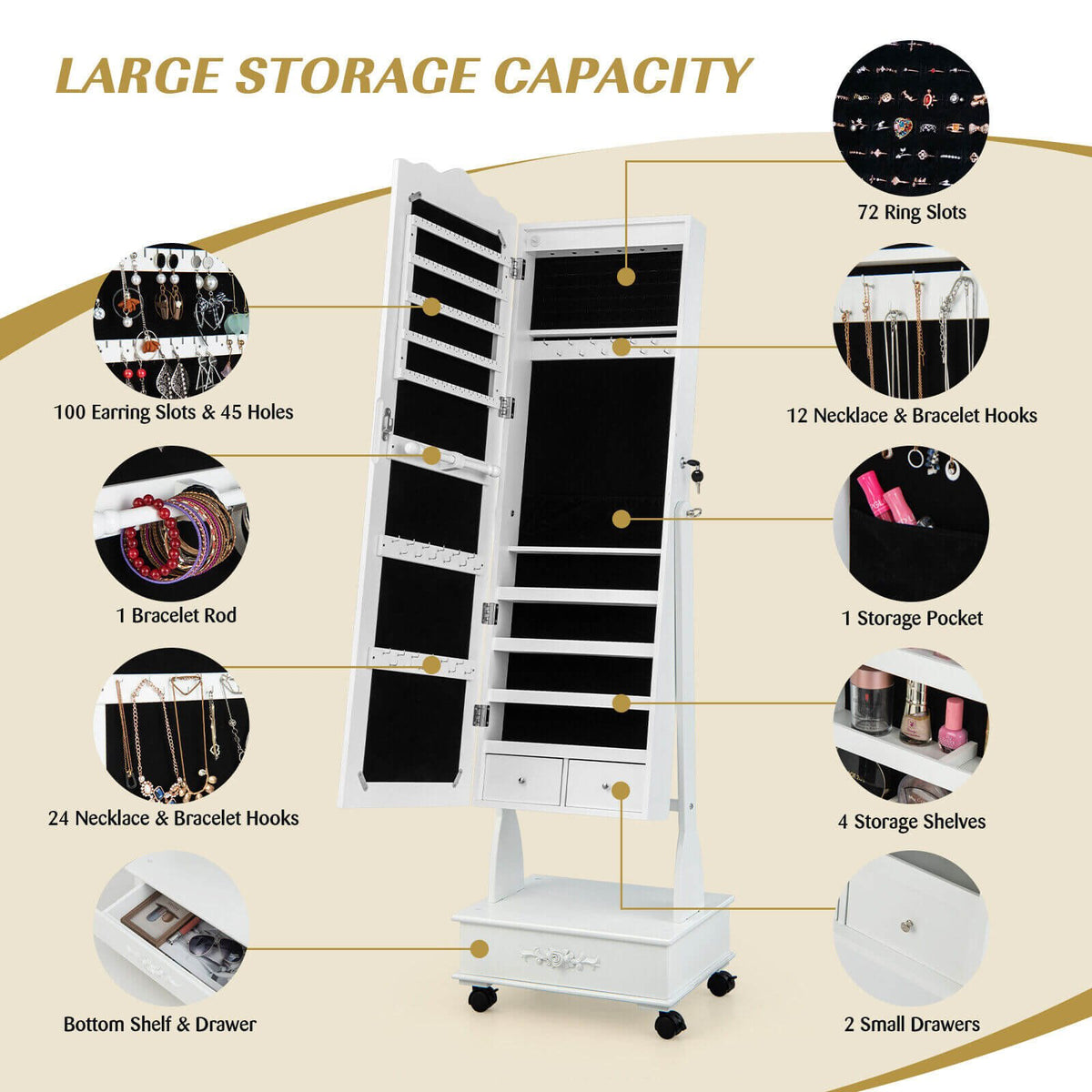 Rolling Floor Standing Mirrored Jewelry Armoire with Lock and Drawers-White view 7