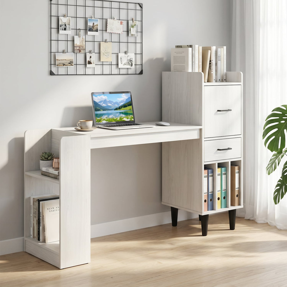 59 inches Home Office Desk with Side Storage Shelves and Drawer Cabinets for Bedroom-White view 2