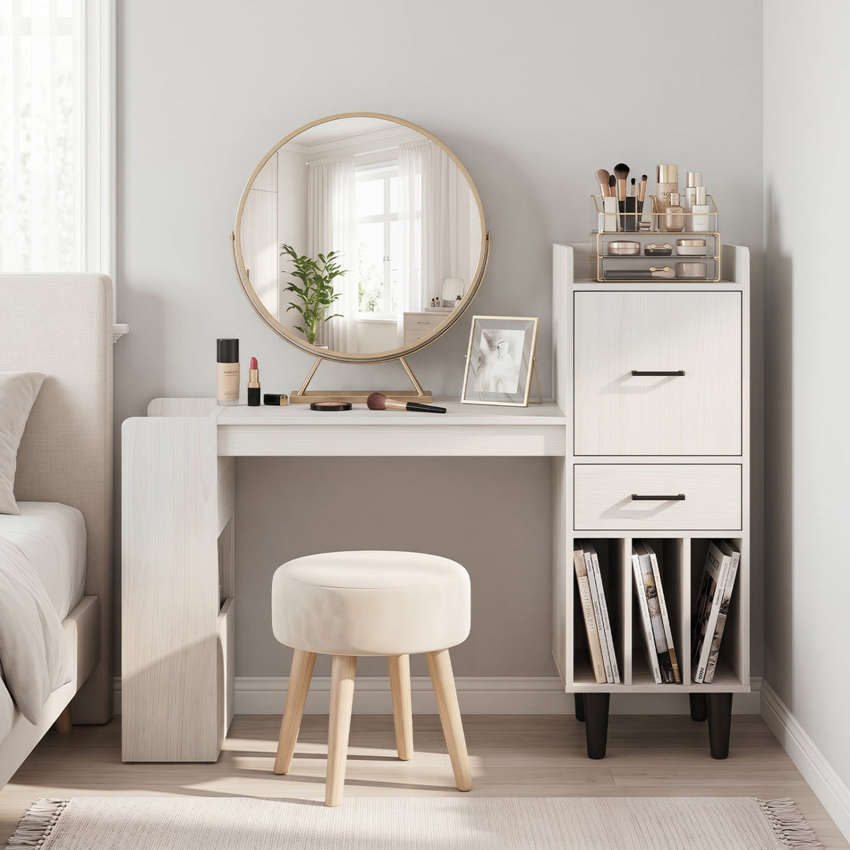 59 inches Home Office Desk with Side Storage Shelves and Drawer Cabinets for Bedroom-White view 6