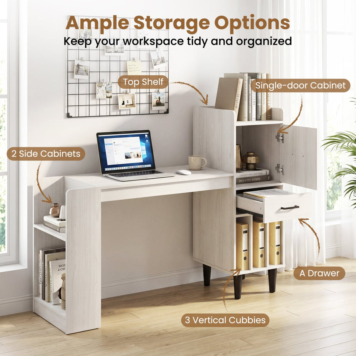 59 inches Home Office Desk with Side Storage Shelves and Drawer Cabinets for Bedroom-White view 7