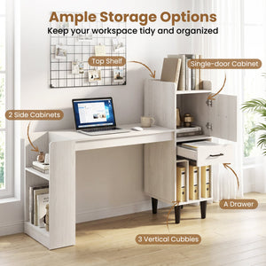 59 inches Home Office Desk with Side Storage Shelves and Drawer Cabinets for Bedroom-White view 7