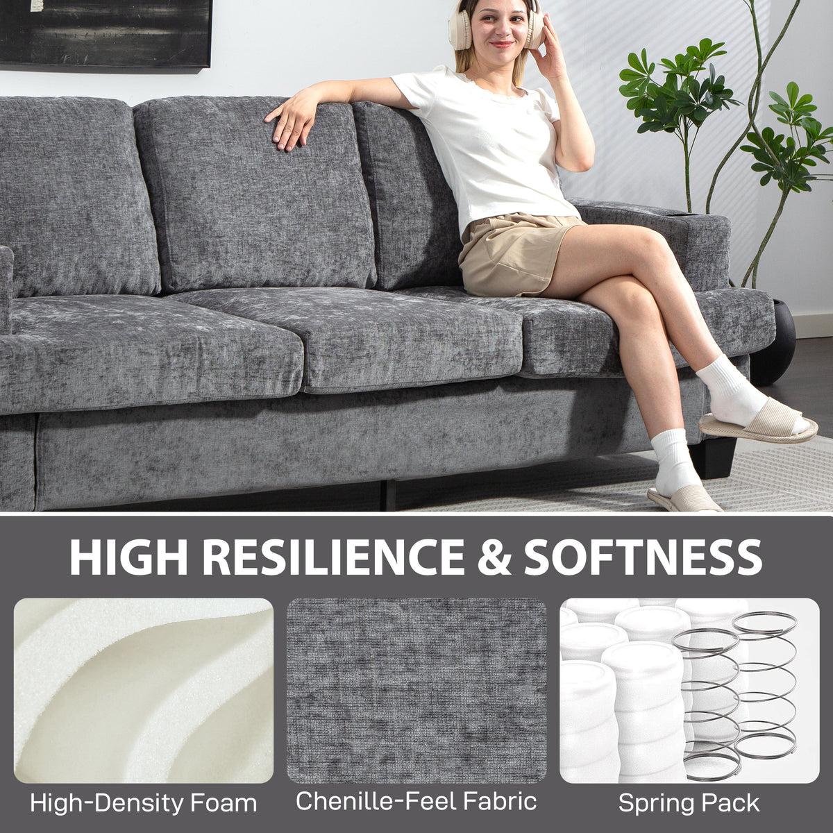 3 Seater Sofa with USB Ports & Cup Holders, Chenille-Feel Upholstered Couch for Living Room, Grey – view 5