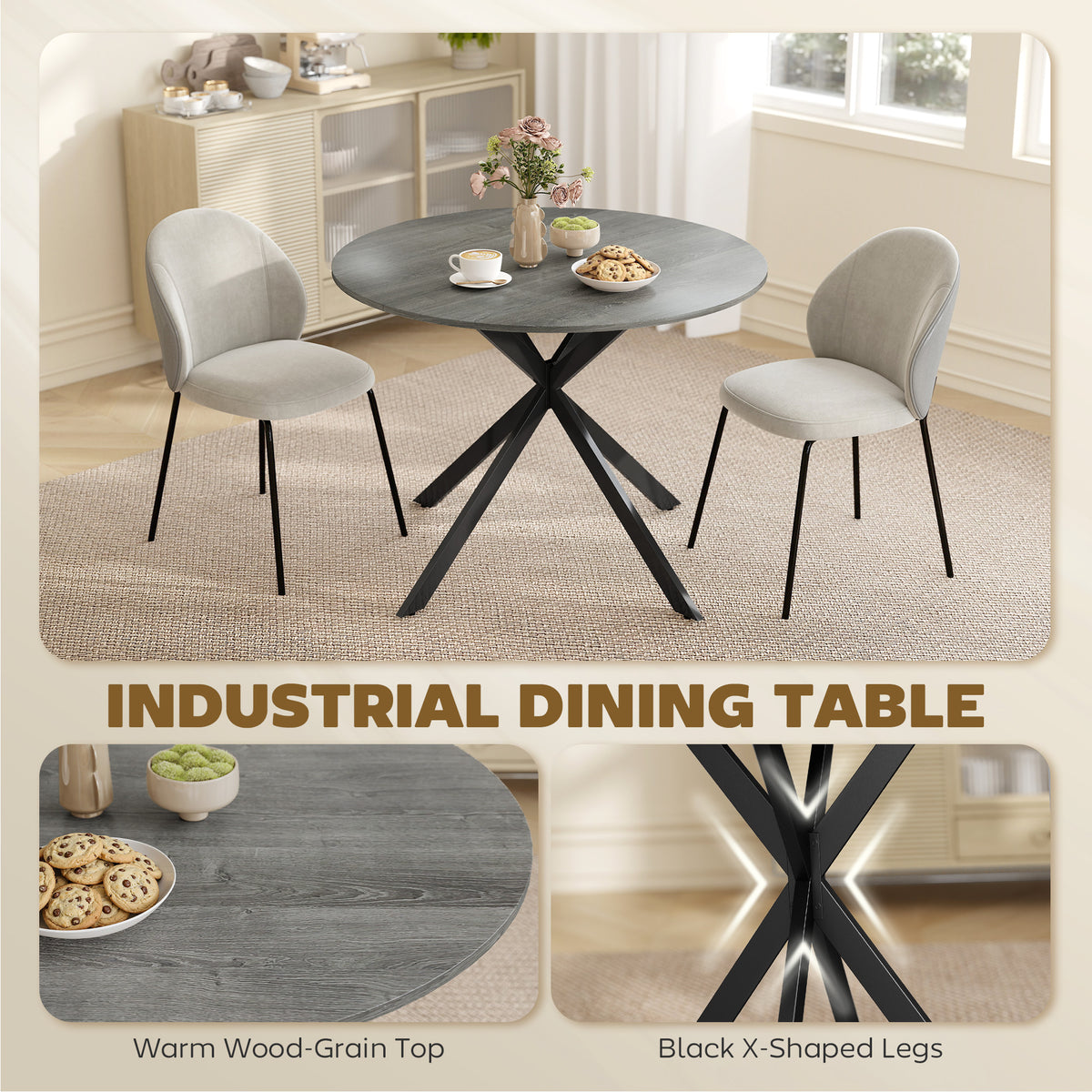 40" Round Kitchen Table for 4, Industrial Dining Table with Steel Legs for Dining Room, Distressed Grey