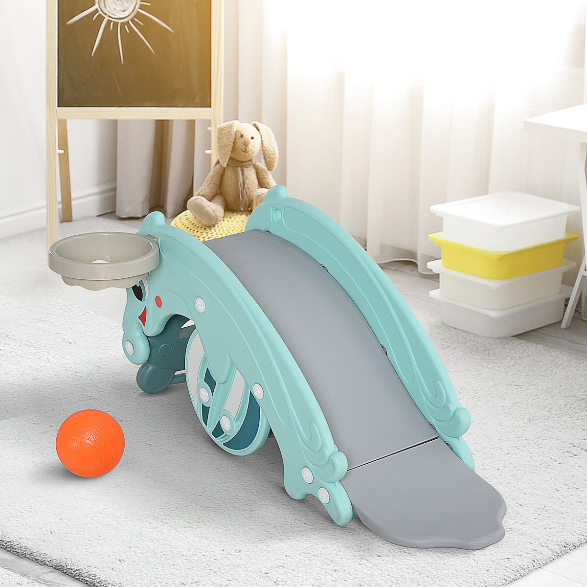 Qaba 3-in-1 Kids Slide And Rocking Horse Dual-Use Children Activity Equipment Portable Slide Indoor Outdoor Playground Toy W/ Basketball Hoop Toddler Birthday Gift, Age 1.5-3, Green