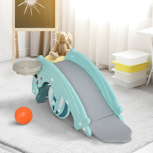 Qaba 3-in-1 Kids Slide And Rocking Horse Dual-Use Children Activity Equipment Portable Slide Indoor Outdoor Playground Toy W/ Basketball Hoop Toddler Birthday Gift, Age 1.5-3, Green