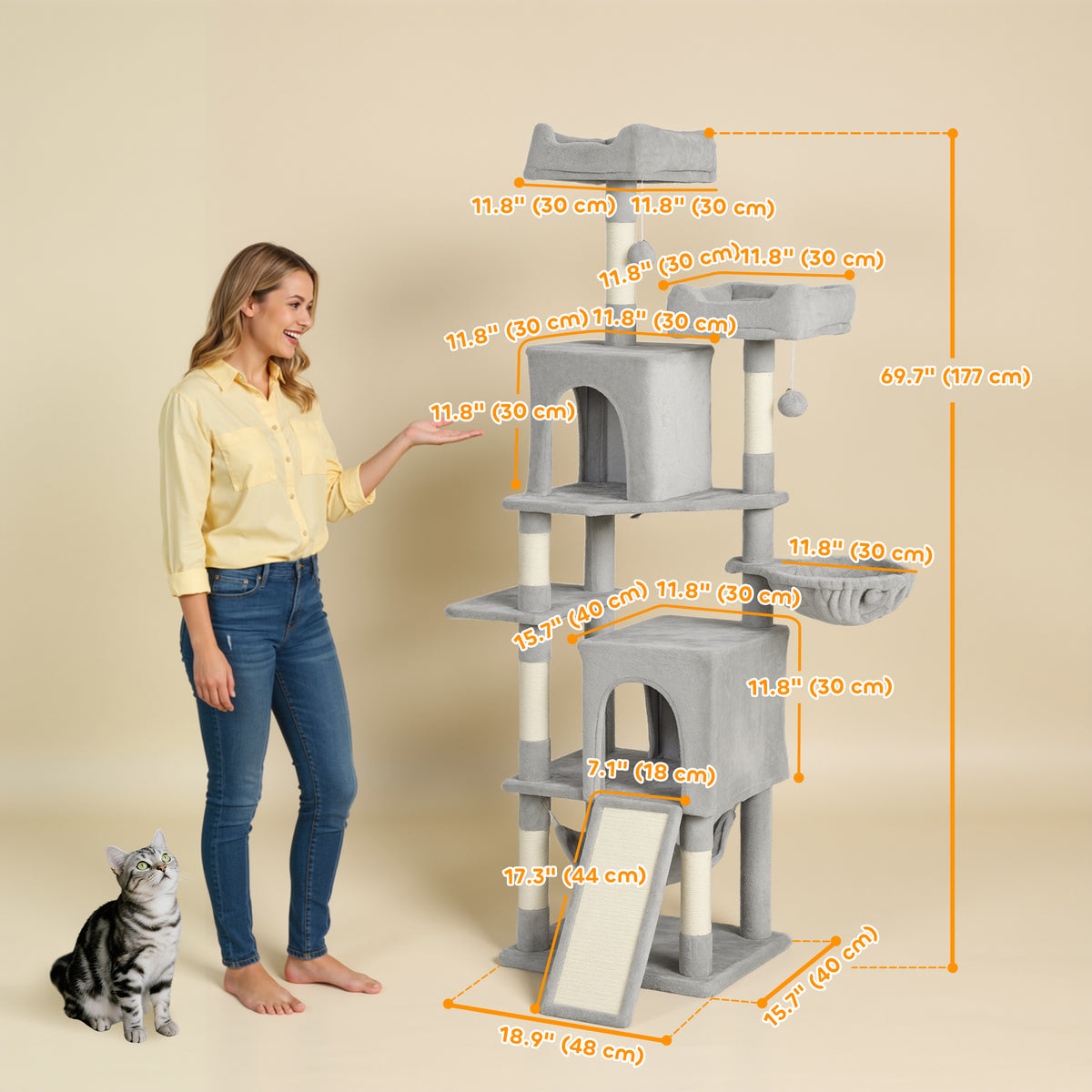 Cat Tree, 70" Multi-Level Cat Tower with 2 Condos, 2 Perches, Hammock, Toy Balls – view 16