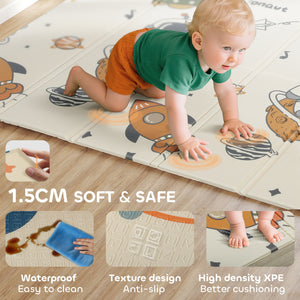 Qaba Foldable Baby Plat Mat, 77" x 69" Kids Floor Mat for Crawling and Learning, Astronaut & Planet Theme