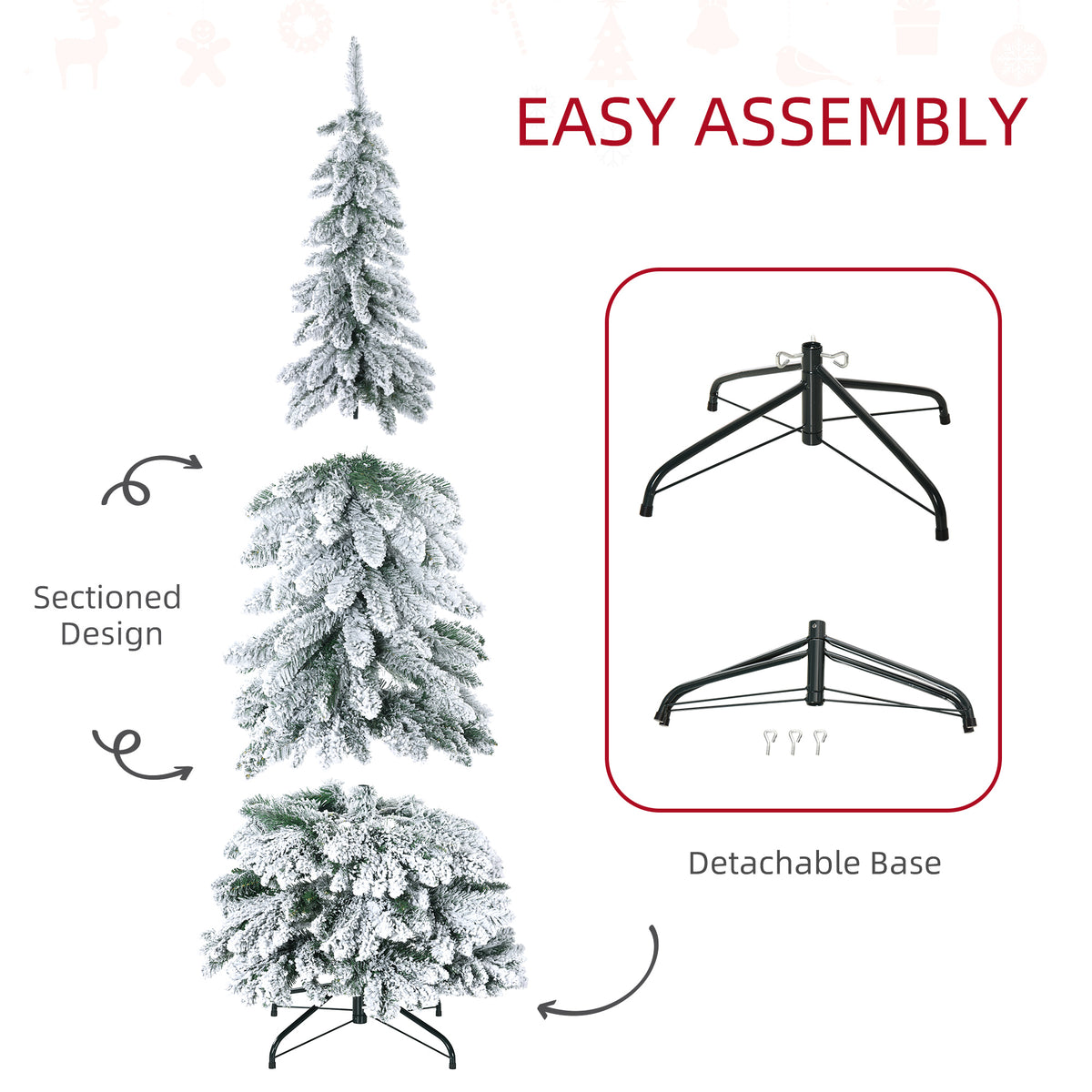 6' Artificial Slim Flocked Christmas Trees, with Snow Frosted Branches, Downswept Shape, Steel Base