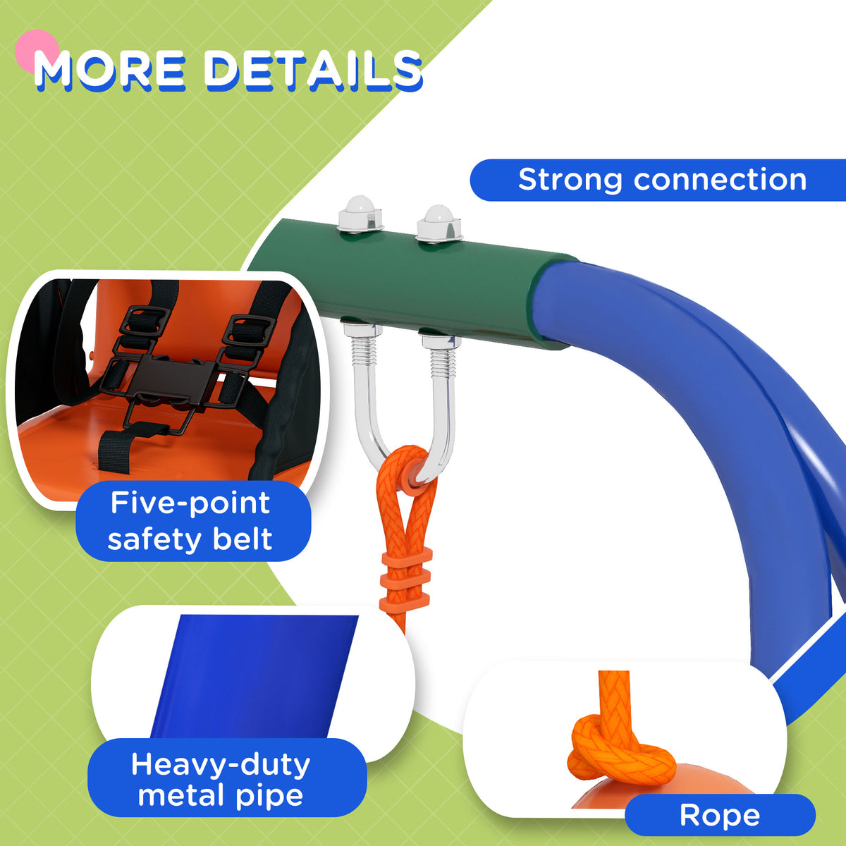 Kid Swing Set with Safety Harness for Baby, Kids 6 Months+, Heavy Duty Swing Set for Indoor/Outdoor, Backyard, Orange