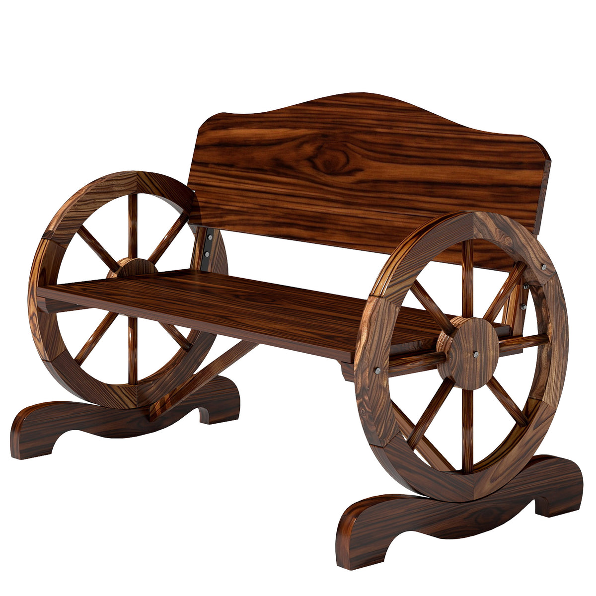 Wooden Outdoor Bench, Garden Patio Loveseat with Wagon Wheel Armrests, 528LBS Capacity, Carbonized