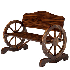 Wooden Outdoor Bench, Garden Patio Loveseat with Wagon Wheel Armrests, 528LBS Capacity, Carbonized