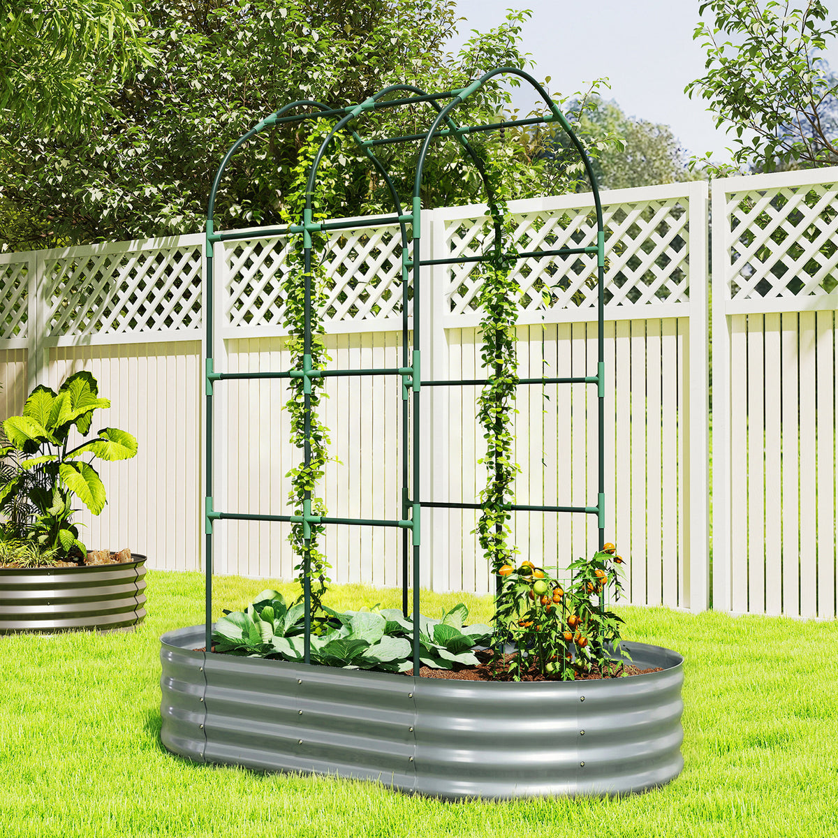 Galvanised Raised Garden Bed with Arched Trellis, 5 x 3 x 6ft Metal Outdoor Planter Box with Open Bottom, Silver
