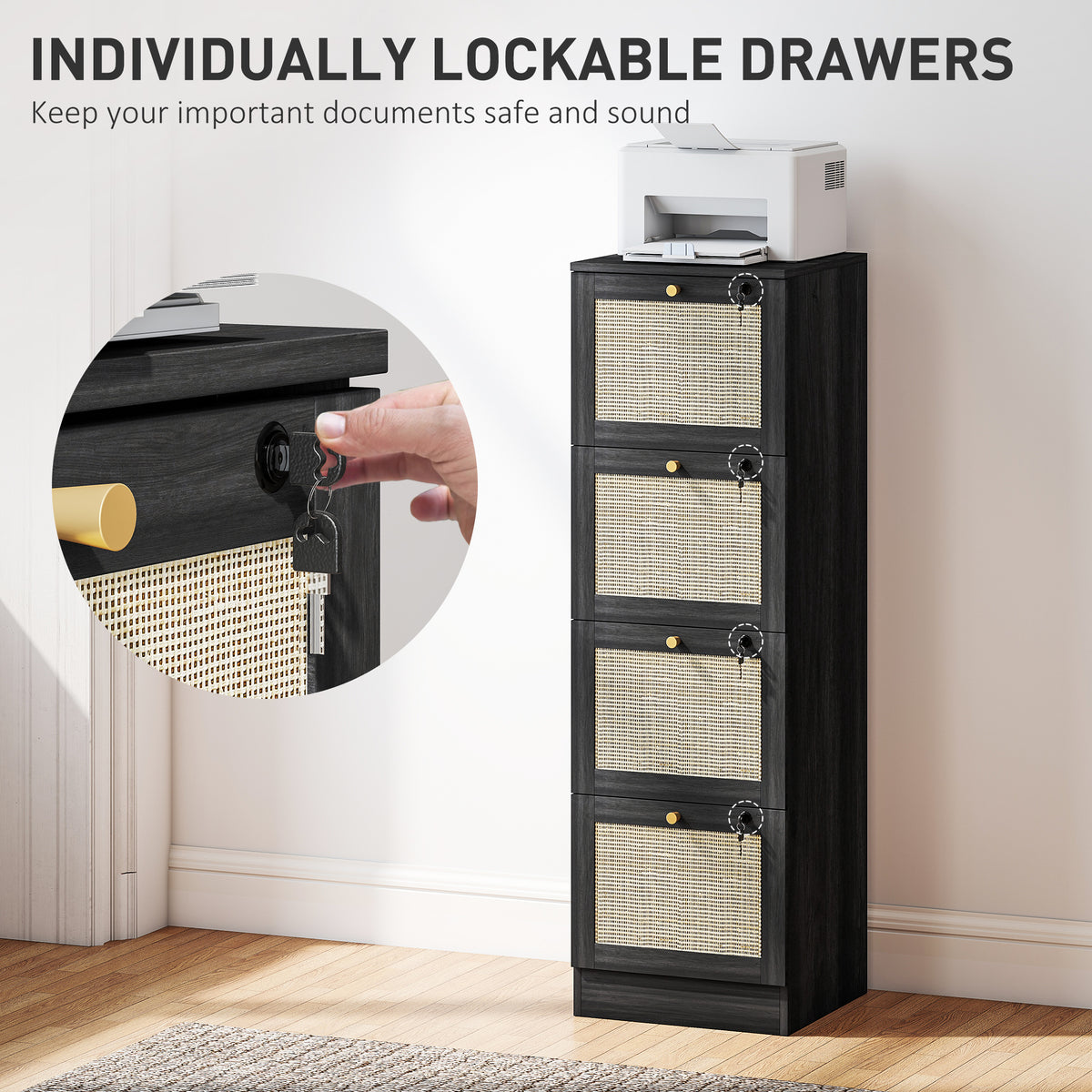 2 Drawer Filing Cabinet with Lock, Boho File Cabinet for A4 Letter Size Files with Decorative Rattan – view 33