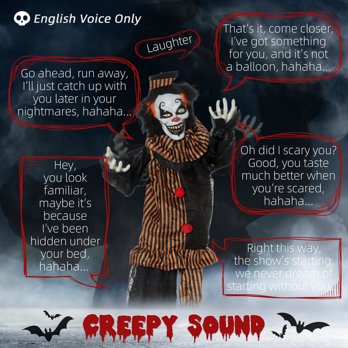 5.6' Life Size Clown Outdoor Halloween Decoration Animatronic, Animated Prop w/ Light Up Eyes
