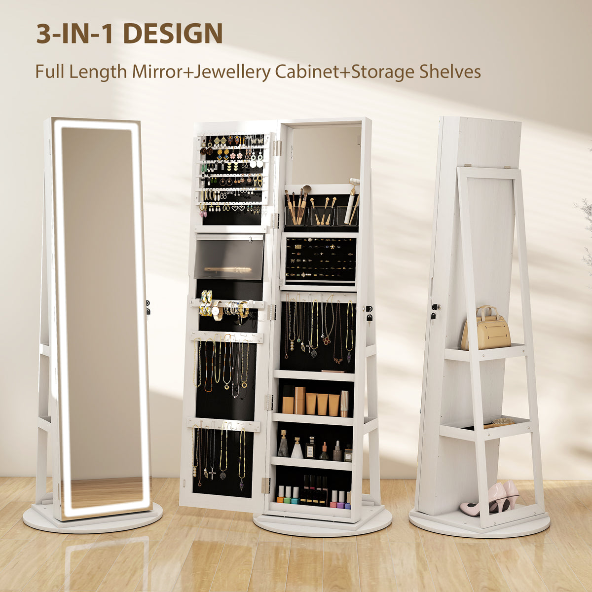 Jewelry Cabinet with Full Length Lockable Mirror, Standing Jewelry Armoire Organizer with LEDs, White