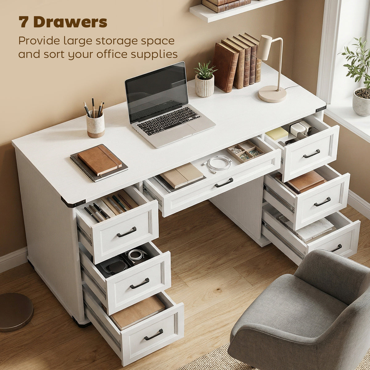 55" Computer Desk with 7 Drawers, Farmhouse Executive Desk for Home Office, Study, Bedroom, Black Wood Grain – view 10