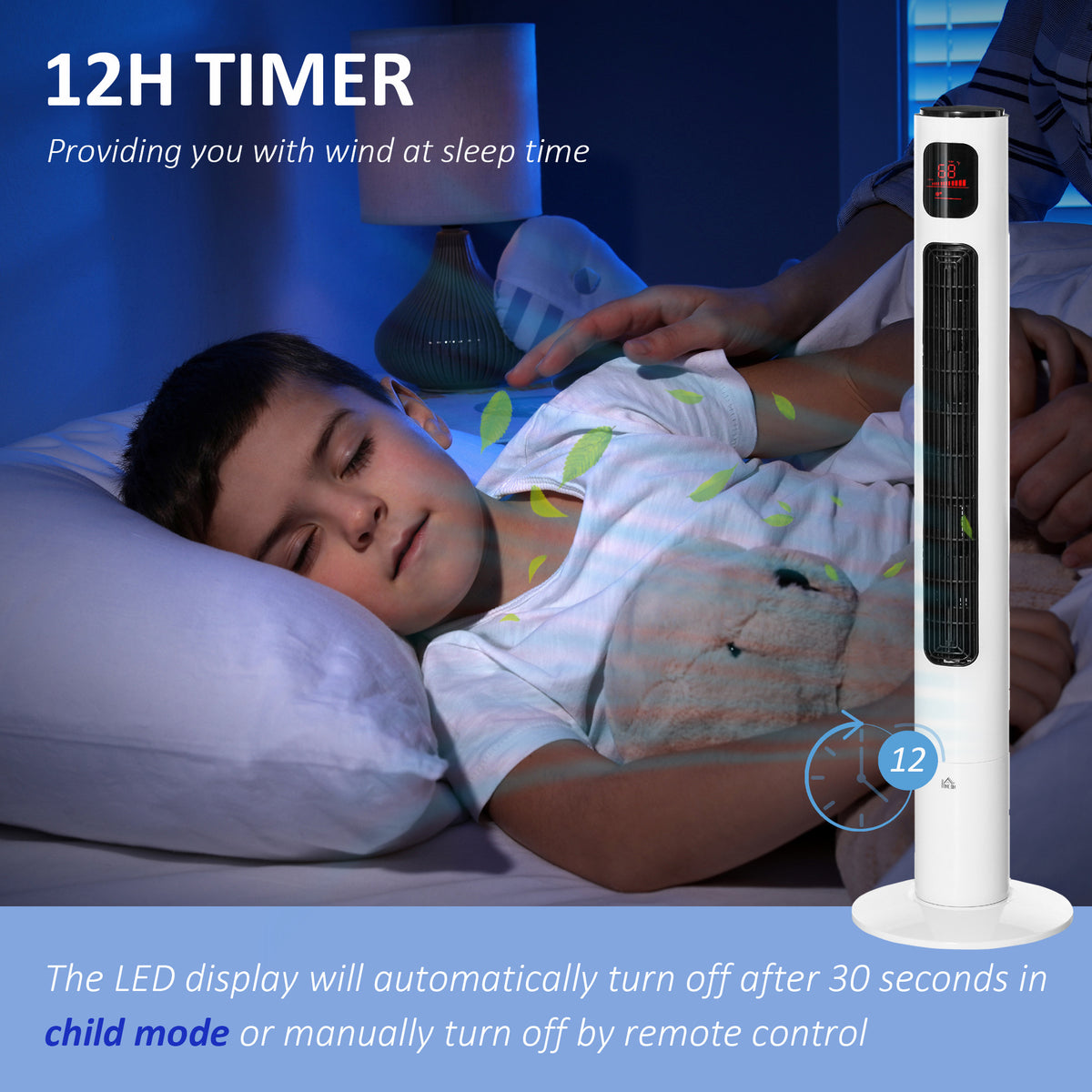 Freestanding Tower Fan Cooling for Home Bedroom with Oscillating, 3 Speed, 12h Timer, LED Sensor Panel, Remote Controller, White